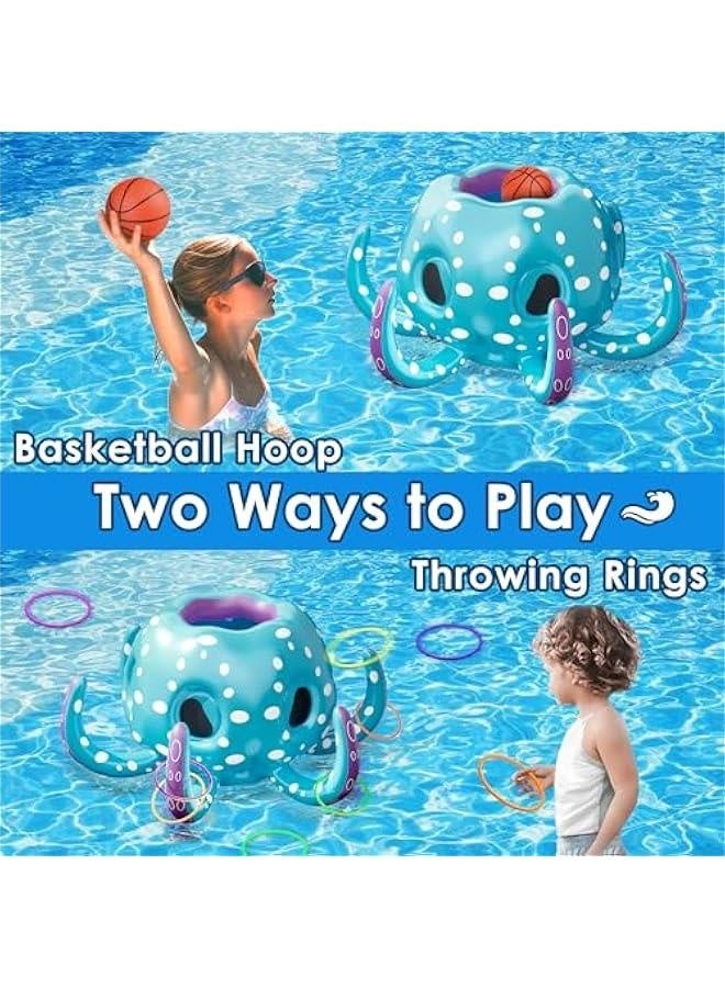Generic Pool Wave Kids Octopus Pool Toys, 2-in-1 Inflatable Float Water Game, Basketball Hoop Ring Toss Outdoor Swim Play, Cool Summer Family Party Gift 3 4 5 6 7 8 Year Old Boy Girl Child-Blue  - Image 2
