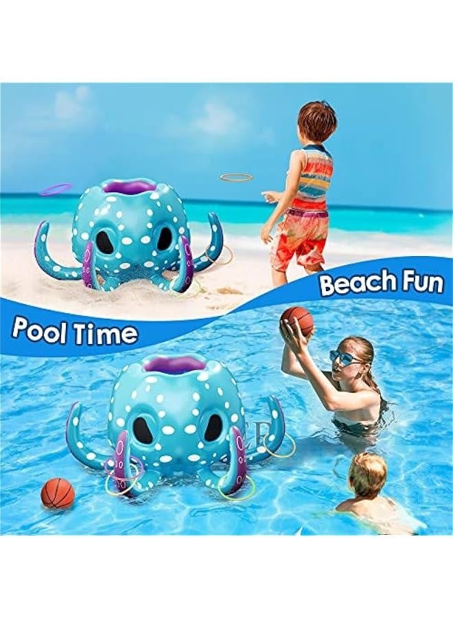 Generic Pool Wave Kids Octopus Pool Toys, 2-in-1 Inflatable Float Water Game, Basketball Hoop Ring Toss Outdoor Swim Play, Cool Summer Family Party Gift 3 4 5 6 7 8 Year Old Boy Girl Child-Blue  - Image 3