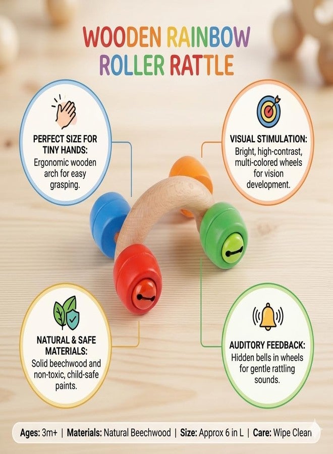 Jim N Jam Vroometa Wooden Rainbow Car Roller Rattle for Infants, Natural Beechwood, Montessori Sensory Toy, Age 3months + - Image 3