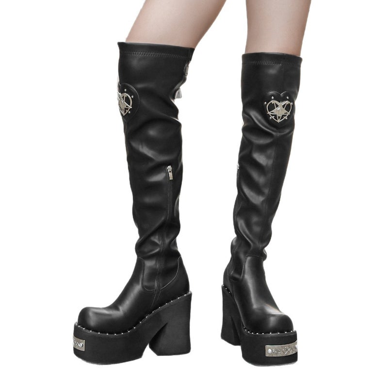 High Heels, Sweet And Cool Design, Thick Soles 36-43 Large Size Over-The-Knee Elastic Boots, Black Buttoned - Image 2