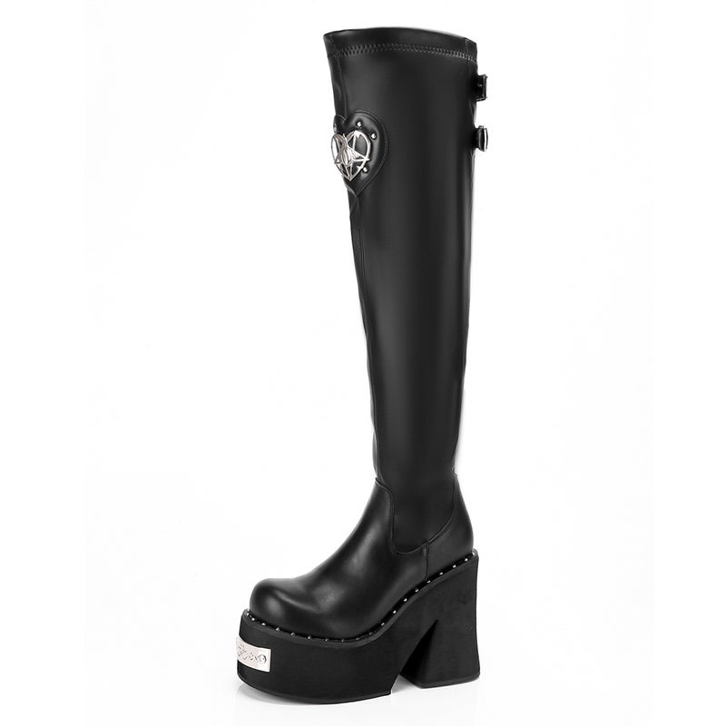 High Heels, Sweet And Cool Design, Thick Soles 36-43 Large Size Over-The-Knee Elastic Boots, Black Buttoned - Image 5