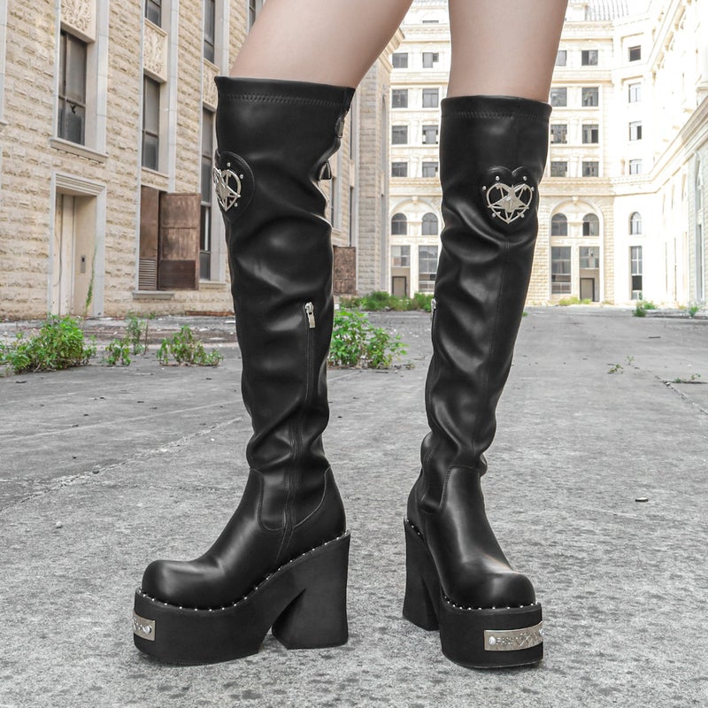 High Heels, Sweet And Cool Design, Thick Soles 36-43 Large Size Over-The-Knee Elastic Boots, Black Buttoned - Image 1