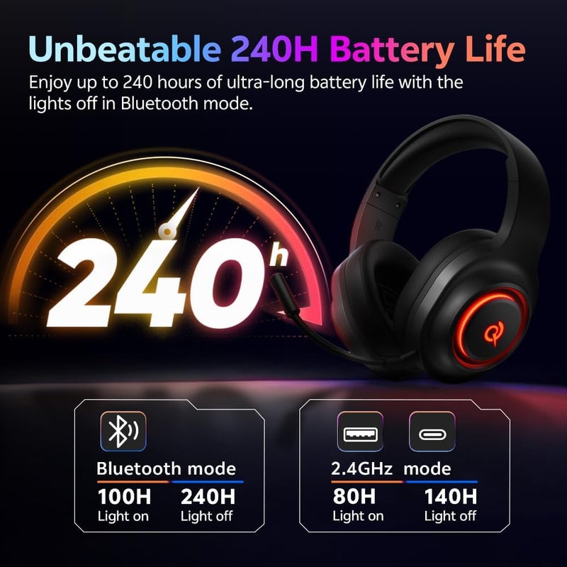 كيو سي واي سماعة رأس الألعاب QCY V200 للكمبيوتر الشخصي، PS5، PS4، Switch، سماعات ألعاب لاسلكية 2.4 جيجاهرتز مع ميكروفون عازل للضوضاء قابل للفصل، صوت محيطي 7.1، بطارية 240 ساعة، وسائد مريحة، USB-C، بلوتوث 6.0 - Image 4