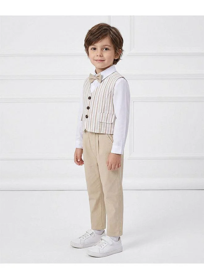 Mark & Mia Mark & Mia Solid Full Sleeves Party Suit With Striped Waistcoat - White/Beige