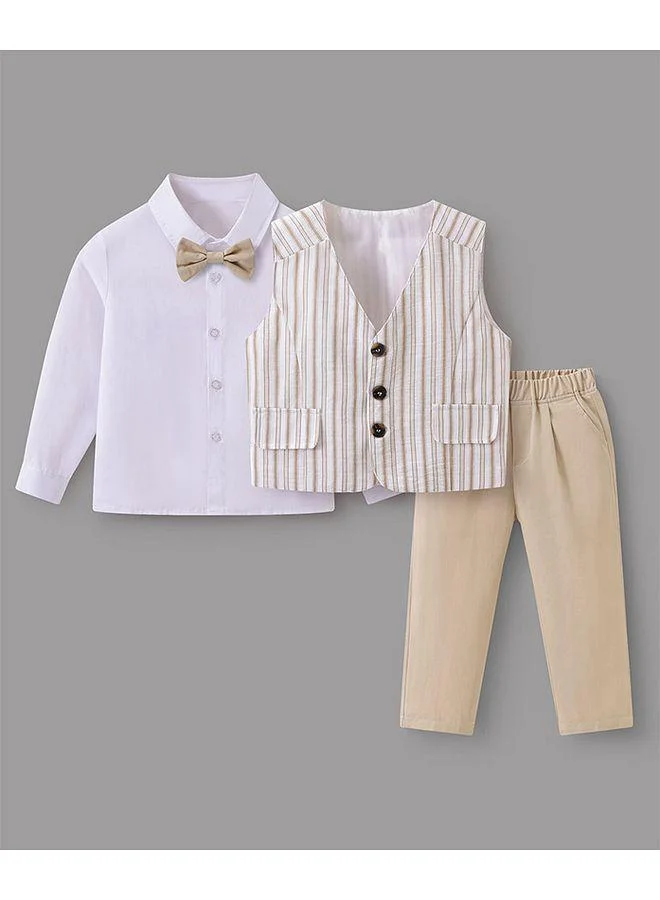 Mark & Mia Mark & Mia Solid Full Sleeves Party Suit With Striped Waistcoat - White/Beige