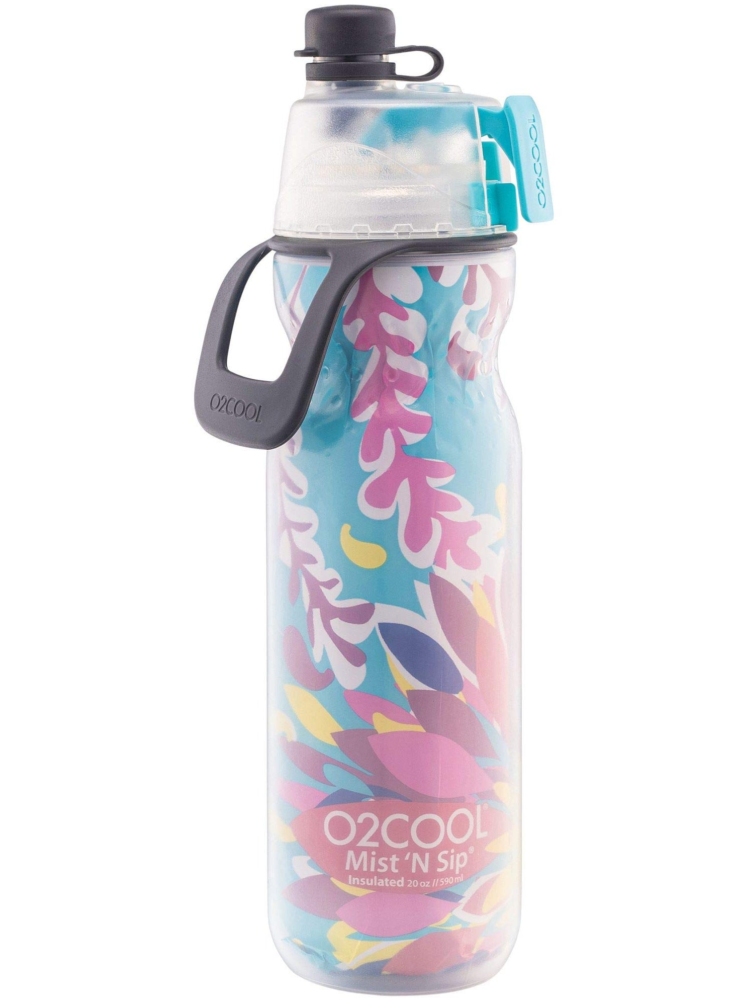 O2COOL O2COOL Mist N Sip Misting Water Bottle 2in1 Mist And Sip Function With No Leak Pull Top Spout Reusable Sports Water Bottle  20 oz Tropical 