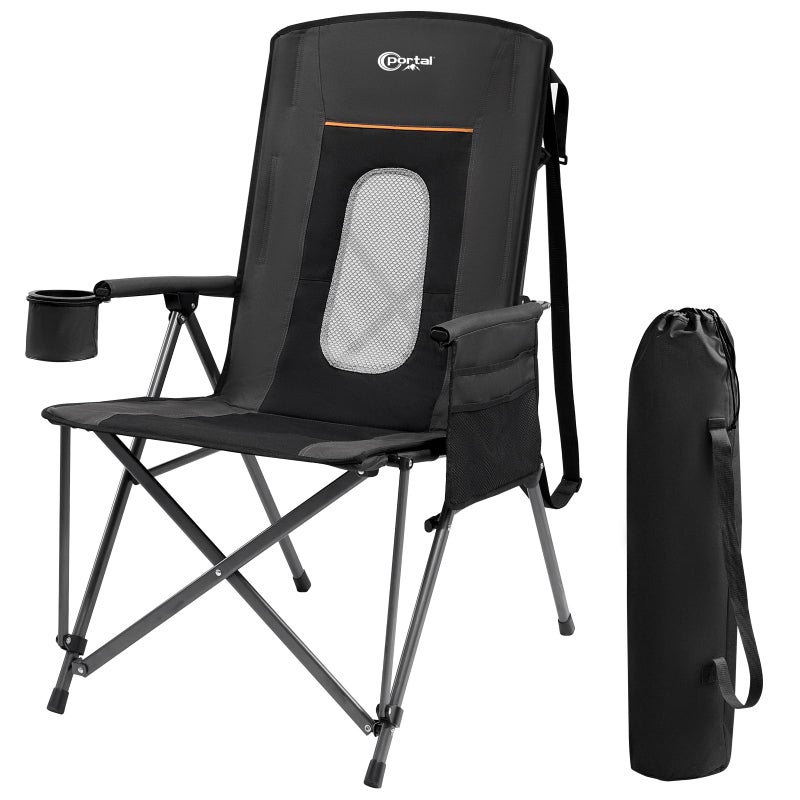 PORTAL Oversized Folding Camping Chair High Back Portable Lawn Chairs for Adults Outdoor Sports with Hard Armrest Cup HolderSupports 400LBS Black