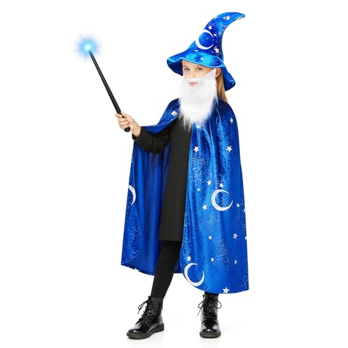 Toulite Wizard Cape for Kids Age 316 Witch Costume Includes Cape Hat Glowing Wand and Beard Suit for Boys GirlsS35yBlue - Image 1