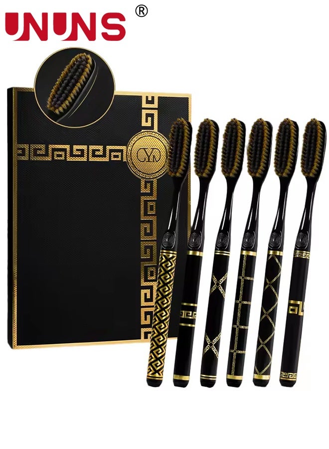 UNUNS مجموعة فرشاة أسنان 6 قطع، فرش أسنان سوداء ذهبية، صندوق هدايا فرش الأسنان، فرشاة أسنان فائقة النعومة، فرشاة أسنان يدوية مع شعيرات ناعمة جداً لتنظيف عميق للعناية بالفم، المنزل والسفر، صندوق هدايا - Image 1