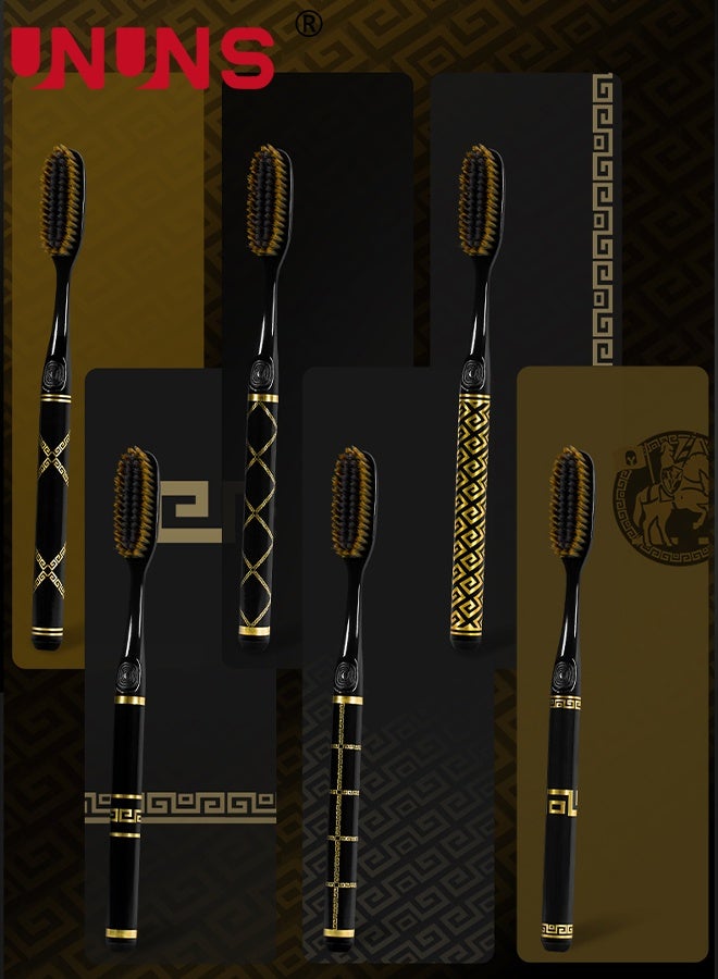 UNUNS مجموعة فرشاة أسنان 6 قطع، فرش أسنان سوداء ذهبية، صندوق هدايا فرش الأسنان، فرشاة أسنان فائقة النعومة، فرشاة أسنان يدوية مع شعيرات ناعمة جداً لتنظيف عميق للعناية بالفم، المنزل والسفر، صندوق هدايا - Image 4