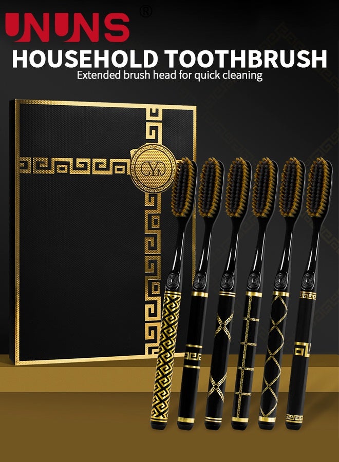 UNUNS مجموعة فرشاة أسنان 6 قطع، فرش أسنان سوداء ذهبية، صندوق هدايا فرش الأسنان، فرشاة أسنان فائقة النعومة، فرشاة أسنان يدوية مع شعيرات ناعمة جداً لتنظيف عميق للعناية بالفم، المنزل والسفر، صندوق هدايا - Image 2