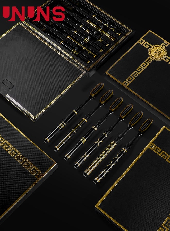 UNUNS مجموعة فرشاة أسنان 6 قطع، فرش أسنان سوداء ذهبية، صندوق هدايا فرش الأسنان، فرشاة أسنان فائقة النعومة، فرشاة أسنان يدوية مع شعيرات ناعمة جداً لتنظيف عميق للعناية بالفم، المنزل والسفر، صندوق هدايا - Image 3