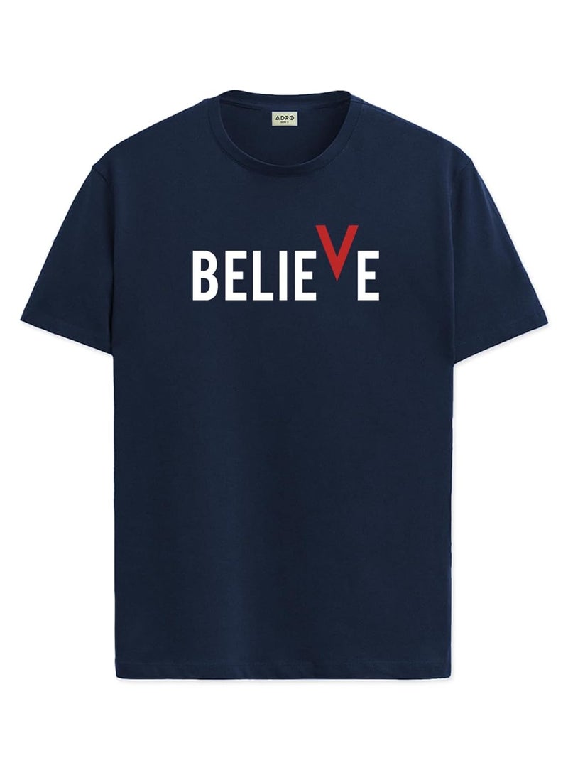 ADRO Men's Navy Blue Cotton Printed T-Shirt with 'BELIEVE' Graphic - Image 3
