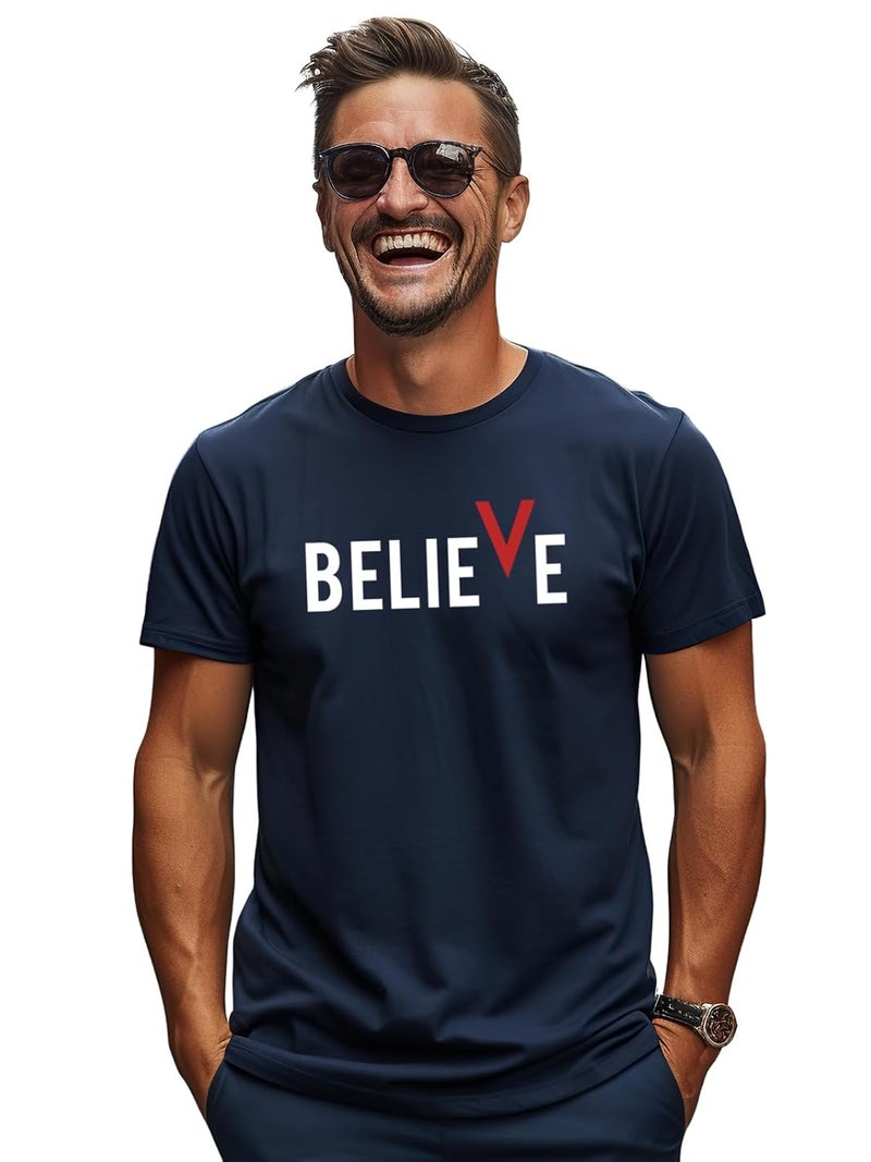 ADRO Men's Navy Blue Cotton Printed T-Shirt with 'BELIEVE' Graphic - Image 1