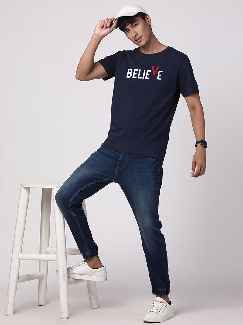 ADRO Men's Navy Blue Cotton Printed T-Shirt with 'BELIEVE' Graphic - Image 4