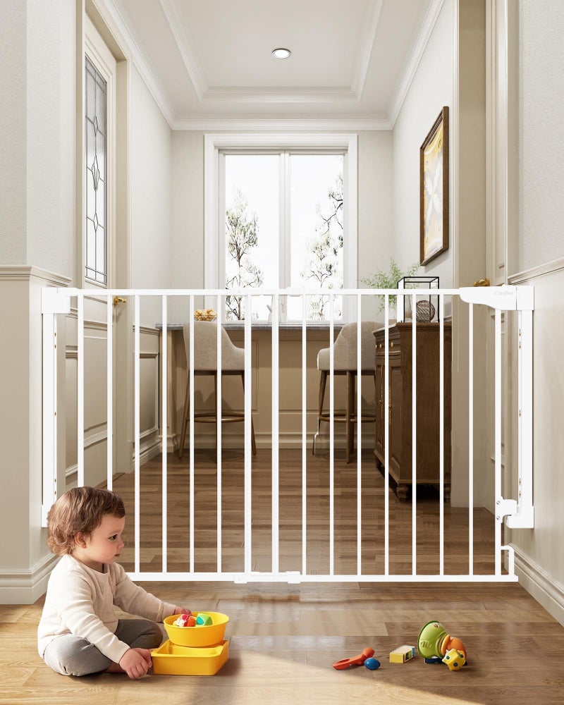 Cumbor Expandable 31.6-48" Baby Gate for Stairs, Wall-Mounted, 2-in-1 No Bottom Bar Dog Gate Indoor, Auto Close Pet Gate for Doorways with Large Walk Thru Door, Child-Proof Gate for Kids (White) - Image 1