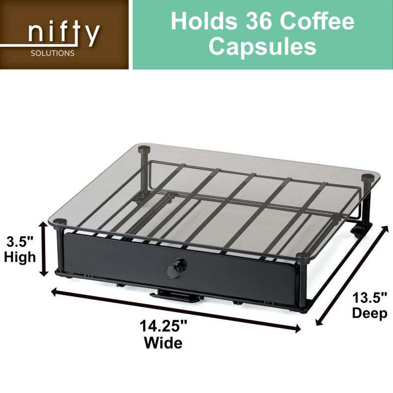Nifty Solutions Nifty Rolling Coffee Pod Drawer â€“ Tempered Glass, Black, Compatible with K-Cups, 36 Pod Pack Holder, Compact Under Coffee Pot Storage Drawer, Slim Home Kitchen Counter Organizer - Image 5
