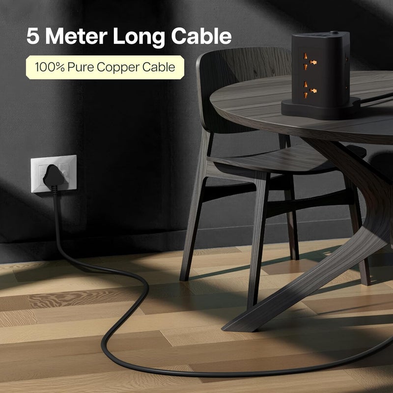 GEONIX PowerSpan Fort | Extension Board/Strip, 2500 Watts, 10 Amps, 1x Type C Port, 6X Universal Socket, 2X USB Port, LED Indicator, On/Off Switch, 5mtr Long Pure Copper Cable (Black) - Image 3