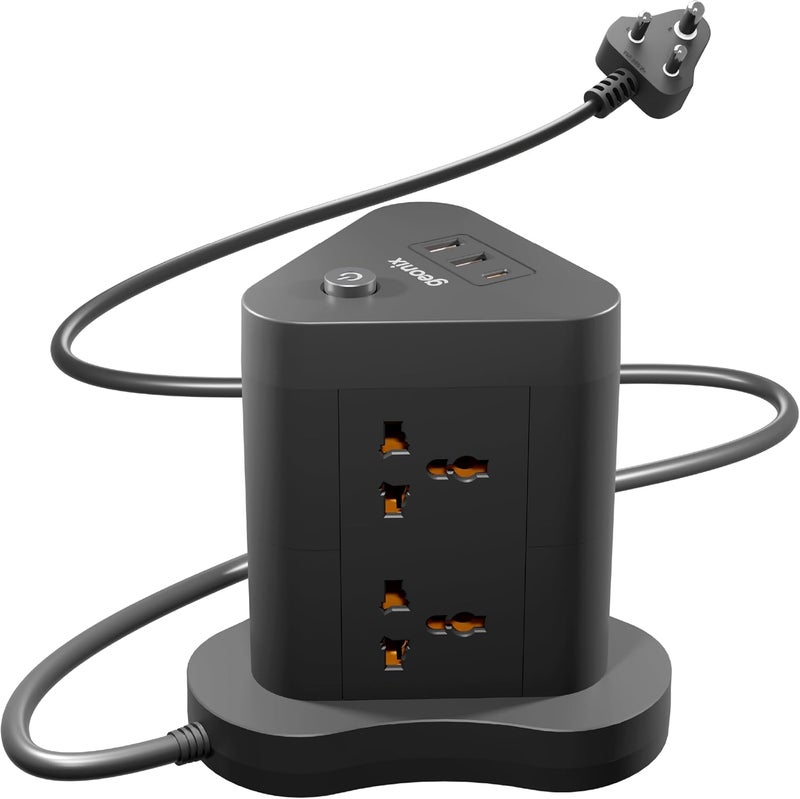 GEONIX PowerSpan Fort | Extension Board/Strip, 2500 Watts, 10 Amps, 1x Type C Port, 6X Universal Socket, 2X USB Port, LED Indicator, On/Off Switch, 5mtr Long Pure Copper Cable (Black) - Image 1