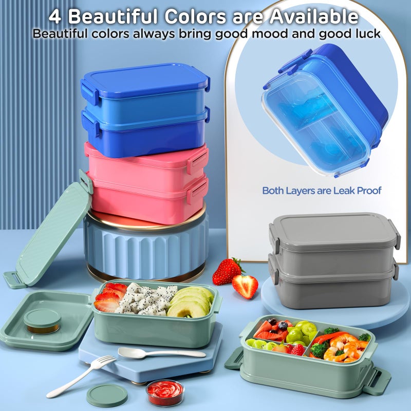 DaCool Bento Box Adults Lunch Container - 74 OZ Stackable Leakproof Bento Lunch Box for Adults Men Boys Teens Large Lunch Box Containers with Fork Spoon Sauce Boxes for Work School Dining Out, Blue - Image 3