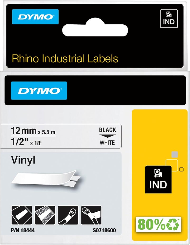 DYMO Rhino Industrial Labels - Black on White Vinyl Tape, 12mm x 5.5m (1/2" x 18') - Image 1