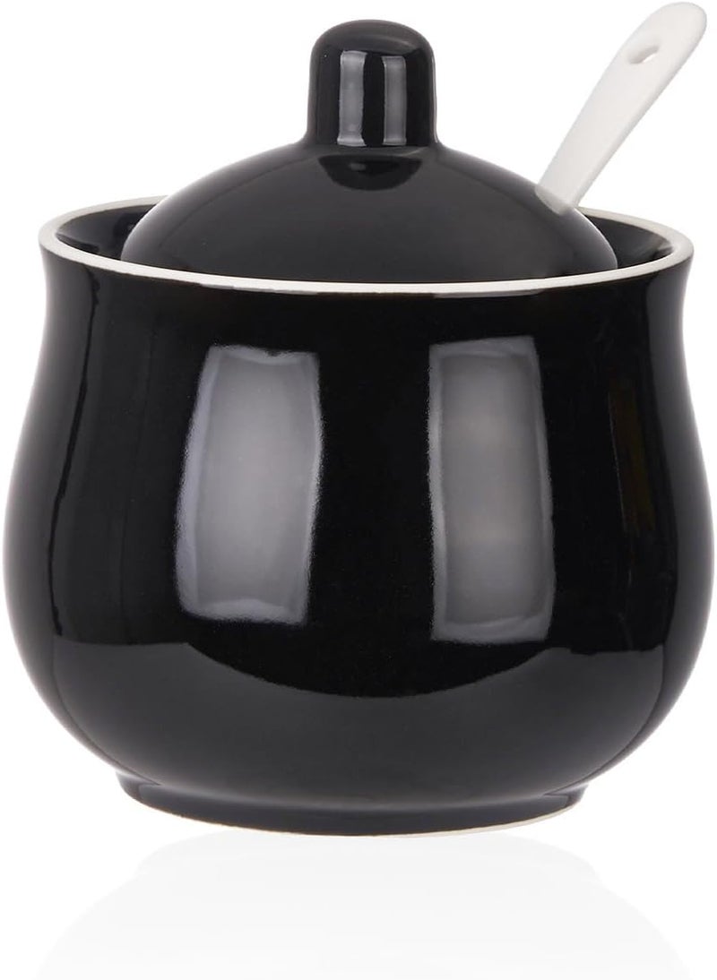 CHILDIKE Ceramic Sugar Bowl with Lid and Spoon, Black Porcelain Sugar Salt Pepper Storage Jar, 8 Ounces - Image 1