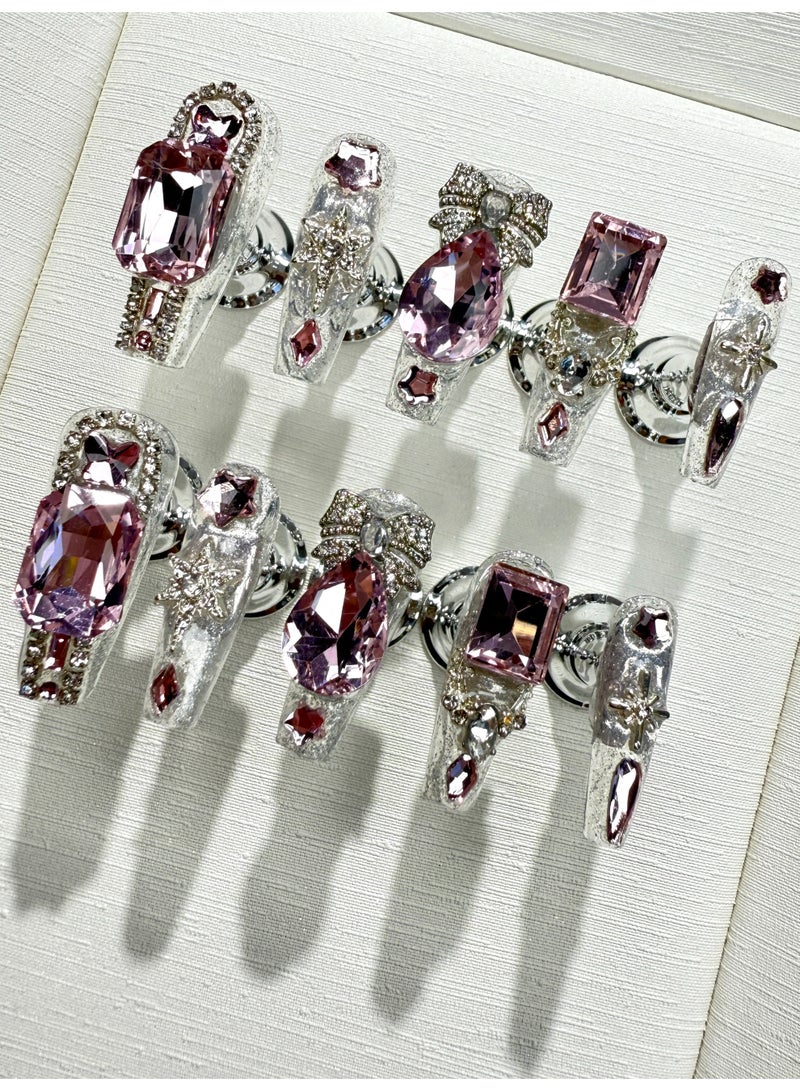 النقوش الأظافر القابلة للإحكام اليدوية الأصيلة - ملصقات ثلاثية الأبعاد من الكريستال باللون الوردي (مربع/قلب/قوس قزح)، زخارف ممتلئة باللمع مثل الألماس، طريقة طويلة، رقم المنتج x98 - Image 1