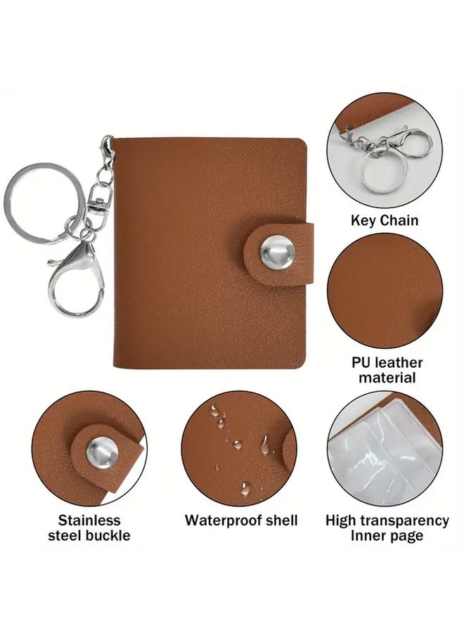 Brown Mini Photo Album Keychain 2 Inch Faux Leather Memory Book With 20 Pockets For Wallet Sized Photos - Image 3