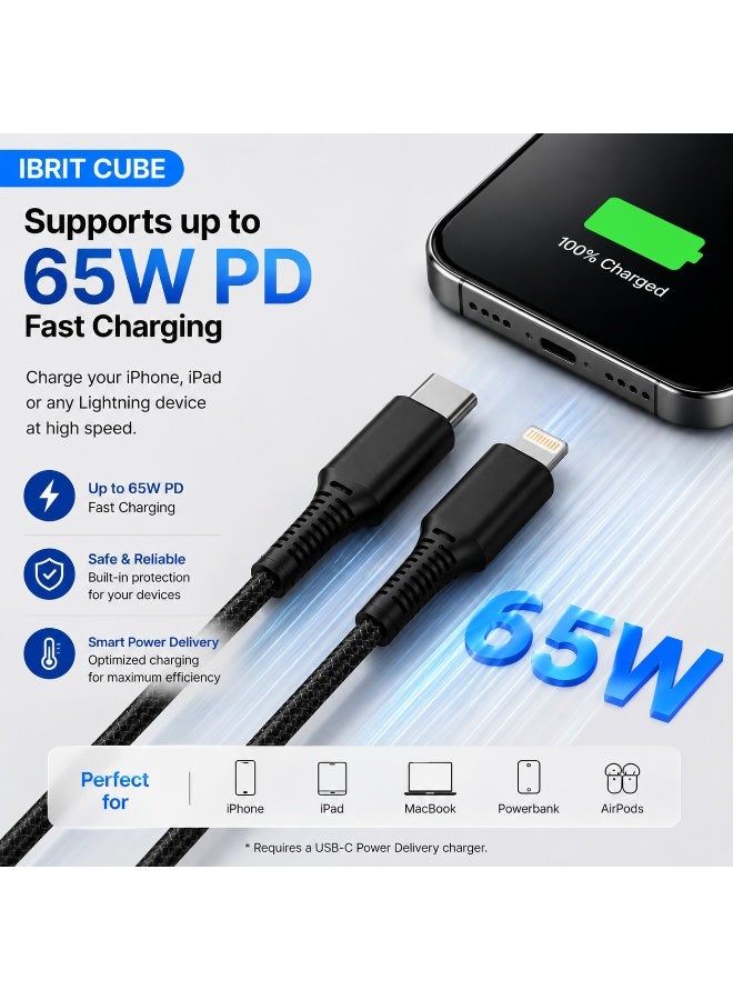 إبريت إيبريت كيوب كابل USB-C إلى Lightning نايلون للشحن السريع بقدرة 65 واط PD بطول 100 سم، كابل Type-C مضفر لأجهزة iPhone وiPad، أسود - Image 3