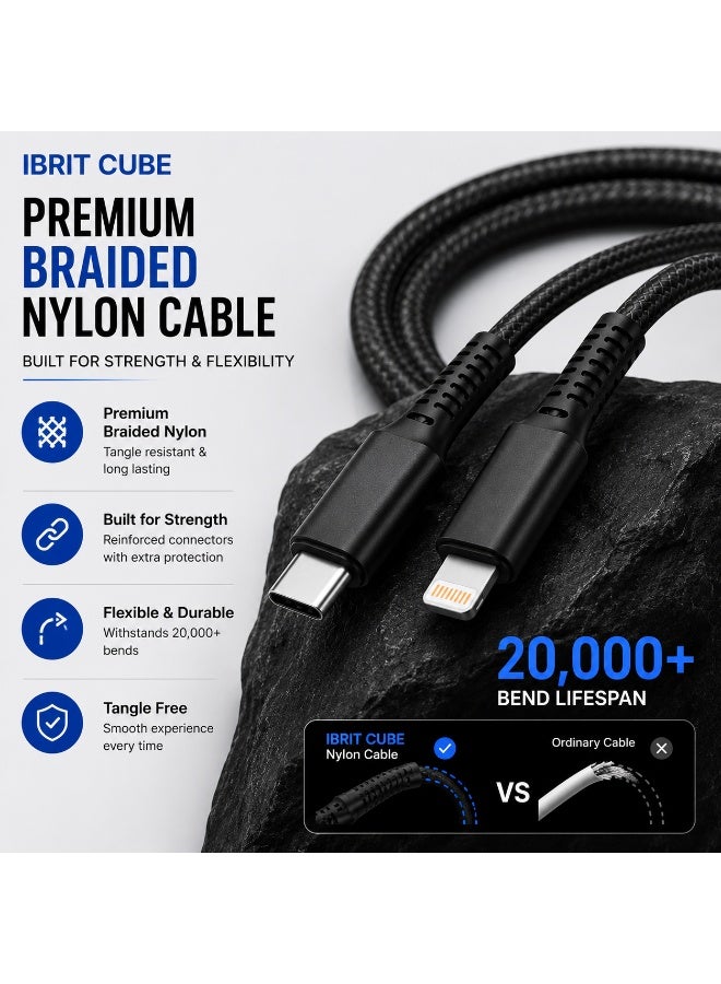 إبريت إيبريت كيوب كابل USB-C إلى Lightning نايلون للشحن السريع بقدرة 65 واط PD بطول 100 سم، كابل Type-C مضفر لأجهزة iPhone وiPad، أسود - Image 4