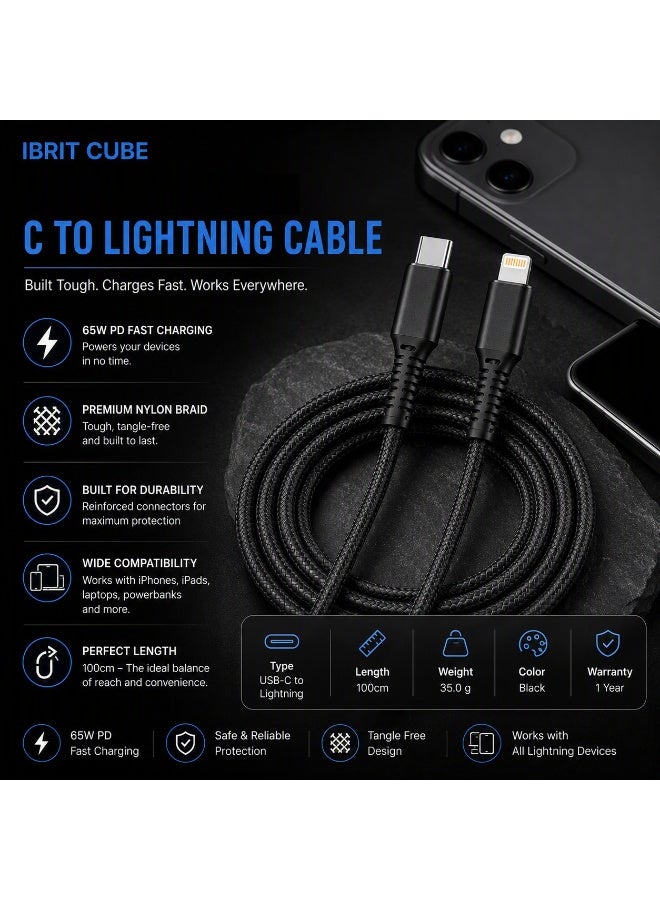 إبريت إيبريت كيوب كابل USB-C إلى Lightning نايلون للشحن السريع بقدرة 65 واط PD بطول 100 سم، كابل Type-C مضفر لأجهزة iPhone وiPad، أسود - Image 1
