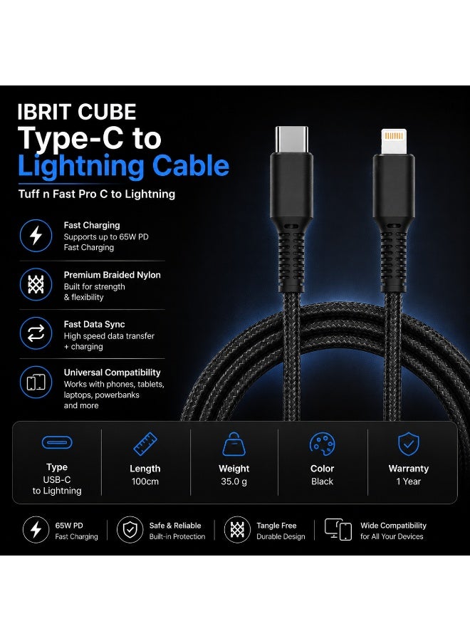 إبريت إيبريت كيوب كابل USB-C إلى Lightning نايلون للشحن السريع بقدرة 65 واط PD بطول 100 سم، كابل Type-C مضفر لأجهزة iPhone وiPad، أسود - Image 2