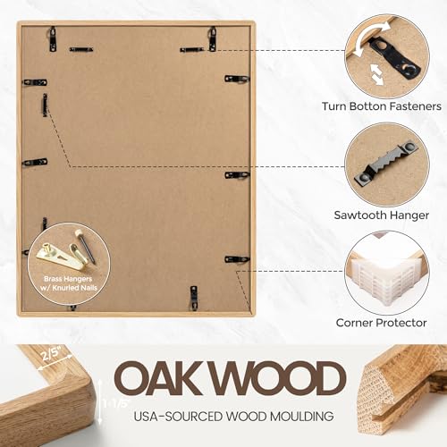 FLYJOE 11x14 Picture Frame, USA-Sourced Natural Oak Wood Photo Frame with Tempered Glass, Handcrafted Rounded Corner 11 x 14 Wooden Frame Matted to 8x10 Photos, Wall or Tabletop Display - Image 5