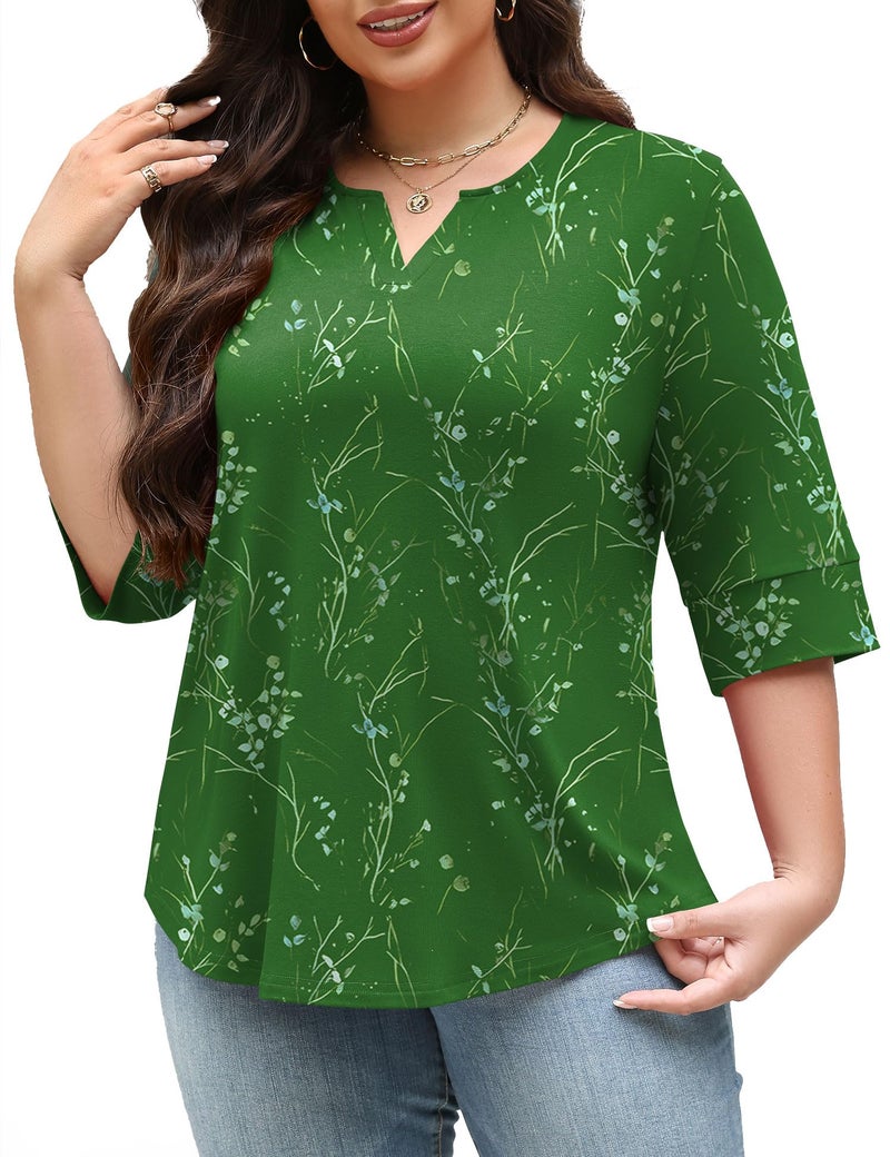 TFSDOD Summer Tops for Women Plus Size Shirt Ladies Tops and Blouses 3/4 Sleeve Green Top Dressy Casual V Neck Tee Floral 3XL - Image 2