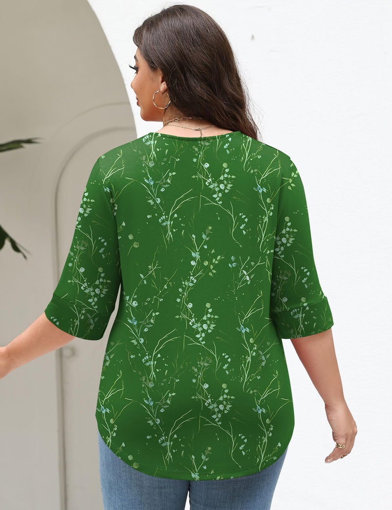 TFSDOD Summer Tops for Women Plus Size Shirt Ladies Tops and Blouses 3/4 Sleeve Green Top Dressy Casual V Neck Tee Floral 3XL - Image 3