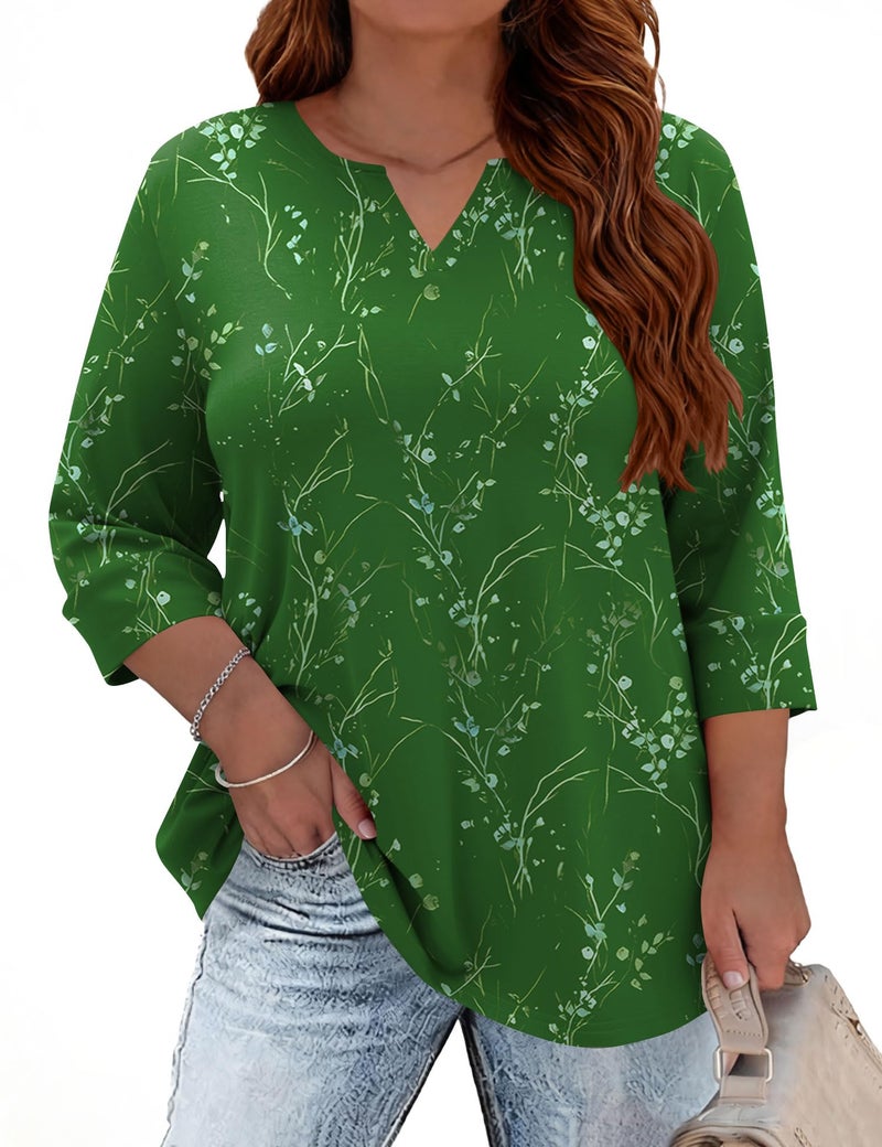TFSDOD Summer Tops for Women Plus Size Shirt Ladies Tops and Blouses 3/4 Sleeve Green Top Dressy Casual V Neck Tee Floral 3XL - Image 1