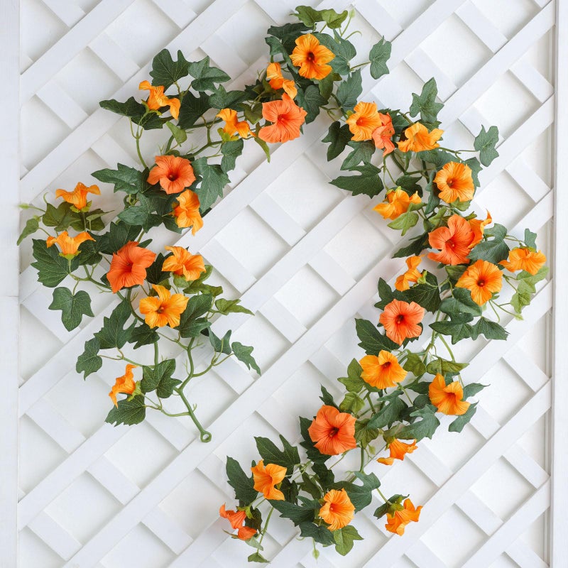 Mizii Artificial Petunias Flower Vines Garland 6 Feet Orange Faux Morning Glory Silk Flowers Garland UV Resistant Fake Hanging Vines Plants Decorations for Outdoor Garden Indoor Home Decor (Orange) - Image 1