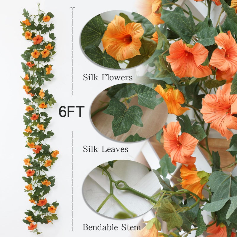 Mizii Artificial Petunias Flower Vines Garland 6 Feet Orange Faux Morning Glory Silk Flowers Garland UV Resistant Fake Hanging Vines Plants Decorations for Outdoor Garden Indoor Home Decor (Orange) - Image 2