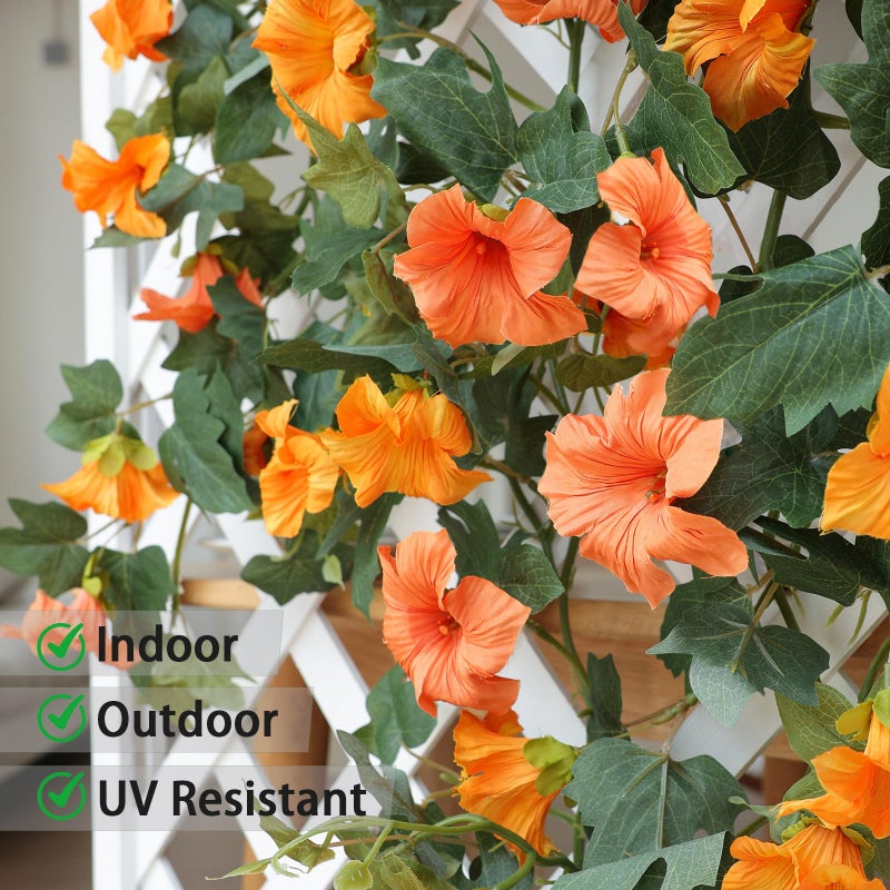 Mizii Artificial Petunias Flower Vines Garland 6 Feet Orange Faux Morning Glory Silk Flowers Garland UV Resistant Fake Hanging Vines Plants Decorations for Outdoor Garden Indoor Home Decor (Orange) - Image 4