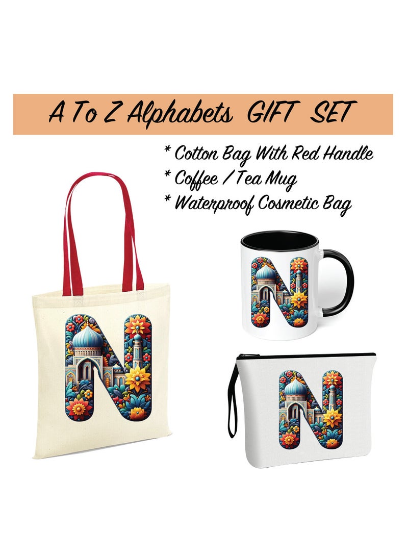 PRINTSHOP4ME Pack of 3 Initial Monogram Gift Set - Black Coffee Mug, Cosmetic Bag and Cotton Tote bag Set - Gift Set for Her - Perfect for Ramadan, School, Travel and Birthday Gift - Image 2
