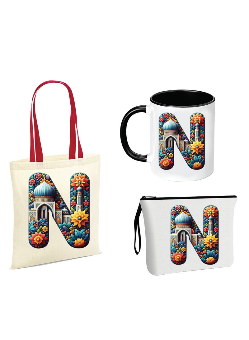 PRINTSHOP4ME Pack of 3 Initial Monogram Gift Set - Black Coffee Mug, Cosmetic Bag and Cotton Tote bag Set - Gift Set for Her - Perfect for Ramadan, School, Travel and Birthday Gift - Image 1