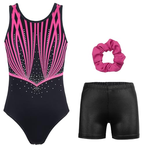JOYSTREAM Gymnastics Leotards for Girls With Shorts Sparkly Ballet Dance Activewear Rose-red Line,10-11Years - Image 3