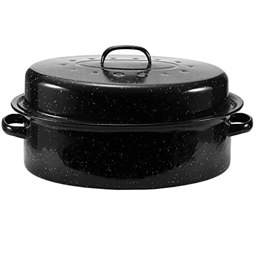 JY COOKMENT صينية شوي بيضاوية مطلية بالمينا مقاس 19 بوصة مع غطاء مقبب - رائعة لشوي الديك الرومي والدجاج واللحم والخضروات - آمنة للغسل في غسالة الصحون، تناسب ديك رومي وزنه 20 رطل - Image 1