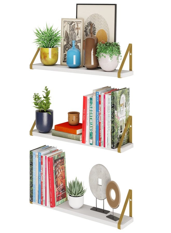والنيتشر أرفف حائط عائمة بيضاء من Wallniture Ponza مع دعامات معدنية ذهبية اللون، مناسبة لغرفة المعيشة، غرفة النوم، الحمام، والمكتب المنزلي، طقم من 3 قطع - Image 3
