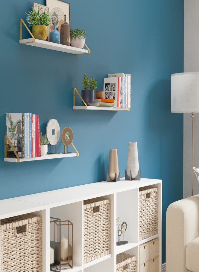 والنيتشر أرفف حائط عائمة بيضاء من Wallniture Ponza مع دعامات معدنية ذهبية اللون، مناسبة لغرفة المعيشة، غرفة النوم، الحمام، والمكتب المنزلي، طقم من 3 قطع - Image 2