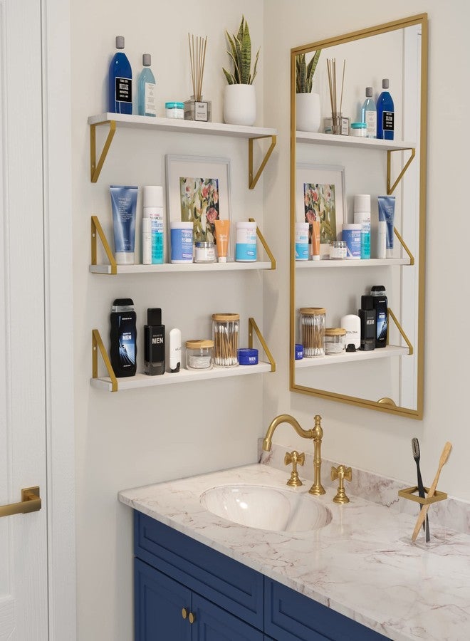 والنيتشر أرفف حائط عائمة بيضاء من Wallniture Ponza مع دعامات معدنية ذهبية اللون، مناسبة لغرفة المعيشة، غرفة النوم، الحمام، والمكتب المنزلي، طقم من 3 قطع - Image 5