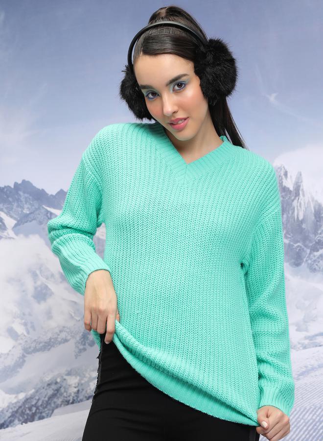 Tokyo Talkies Relaxed Fit Solid Sweater with Dropped Shoulder - Image 1