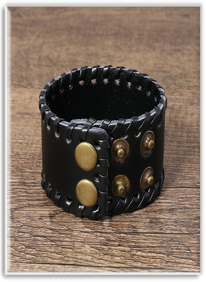 Xusamss Punk Leather Wristband Adjustable Snap Bracelet Wide Cuff Bracelet(Black) - Image 4