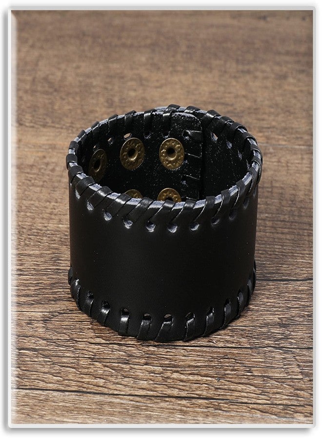 Xusamss Punk Leather Wristband Adjustable Snap Bracelet Wide Cuff Bracelet(Black) - Image 3