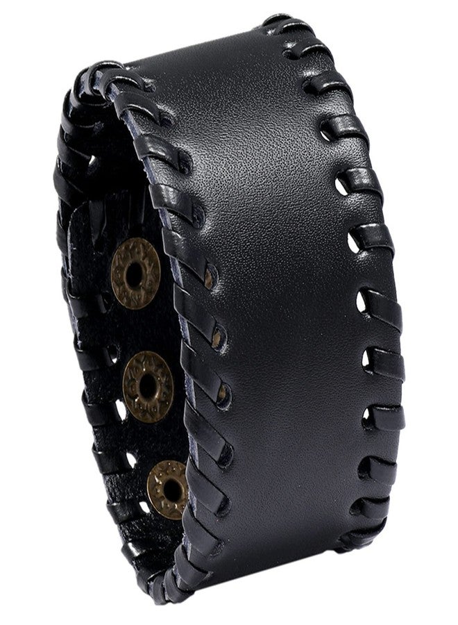 Xusamss Punk Leather Wristband Adjustable Snap Bracelet Wide Cuff Bracelet(Black) - Image 1